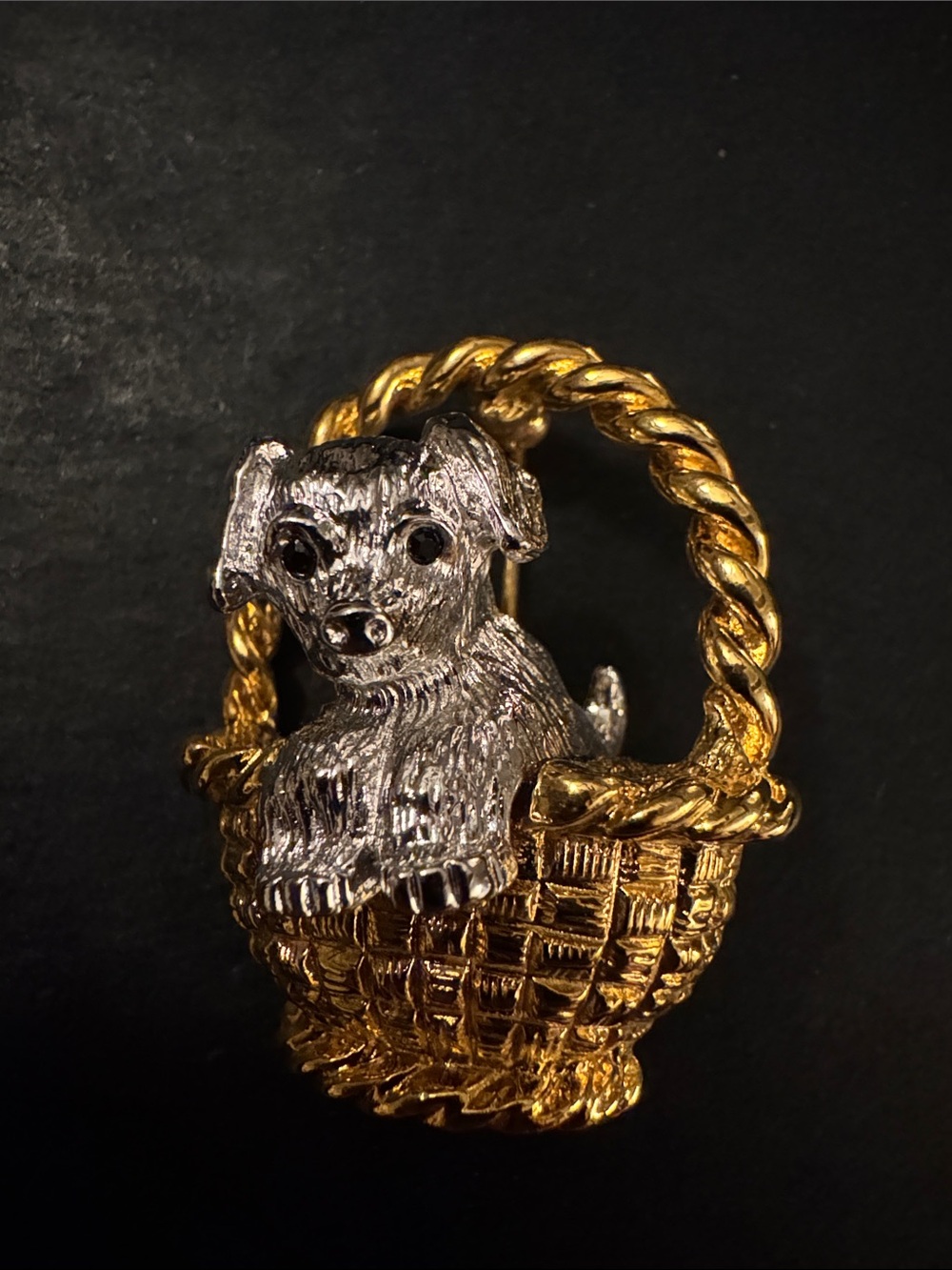 Jonas Rivers Gold and Silver Dog in Basket Brooch - Classic Pet Pin